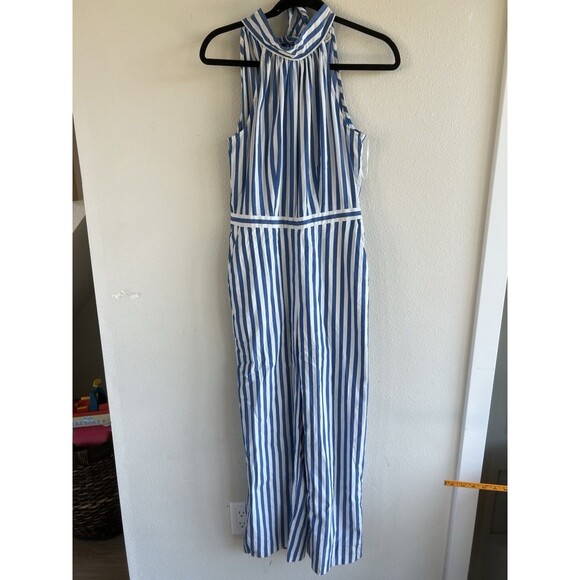 J.Crew Striped Tie-Halter Wide-Leg Jumpsuit Pocket Cotton Blue White Women's 4 - Picture 1 of 12